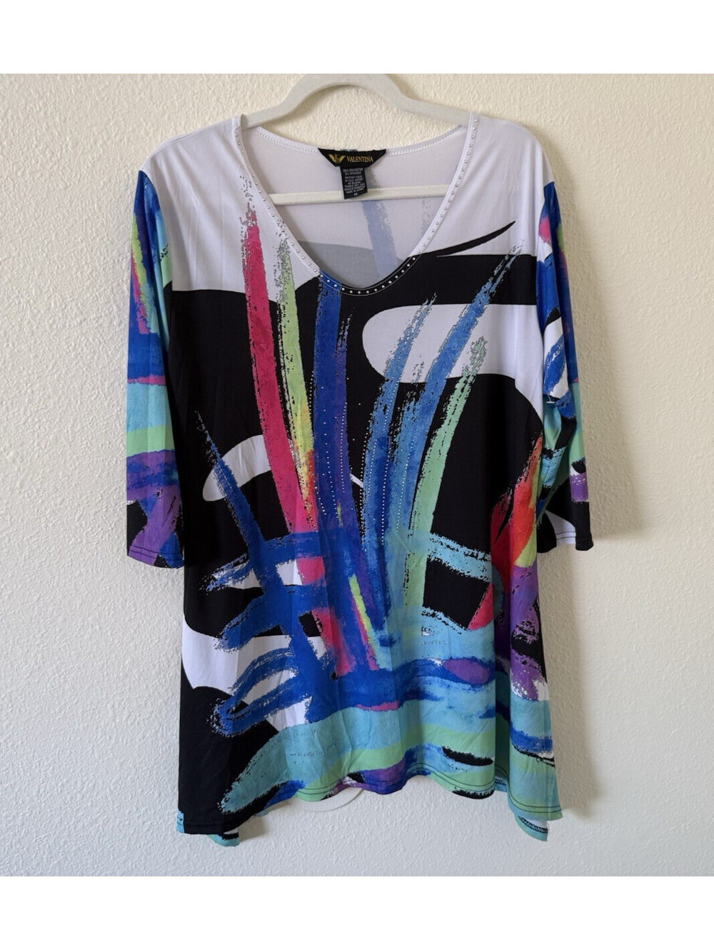 Valentina Mini Dress Tunic Size M Stretch Colorful Abstract Design Studs